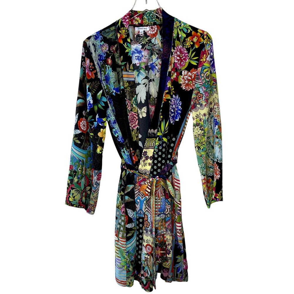 Johnny Was 100% Silk Robe Floral Printed Multicolored Tie Waist SMALL